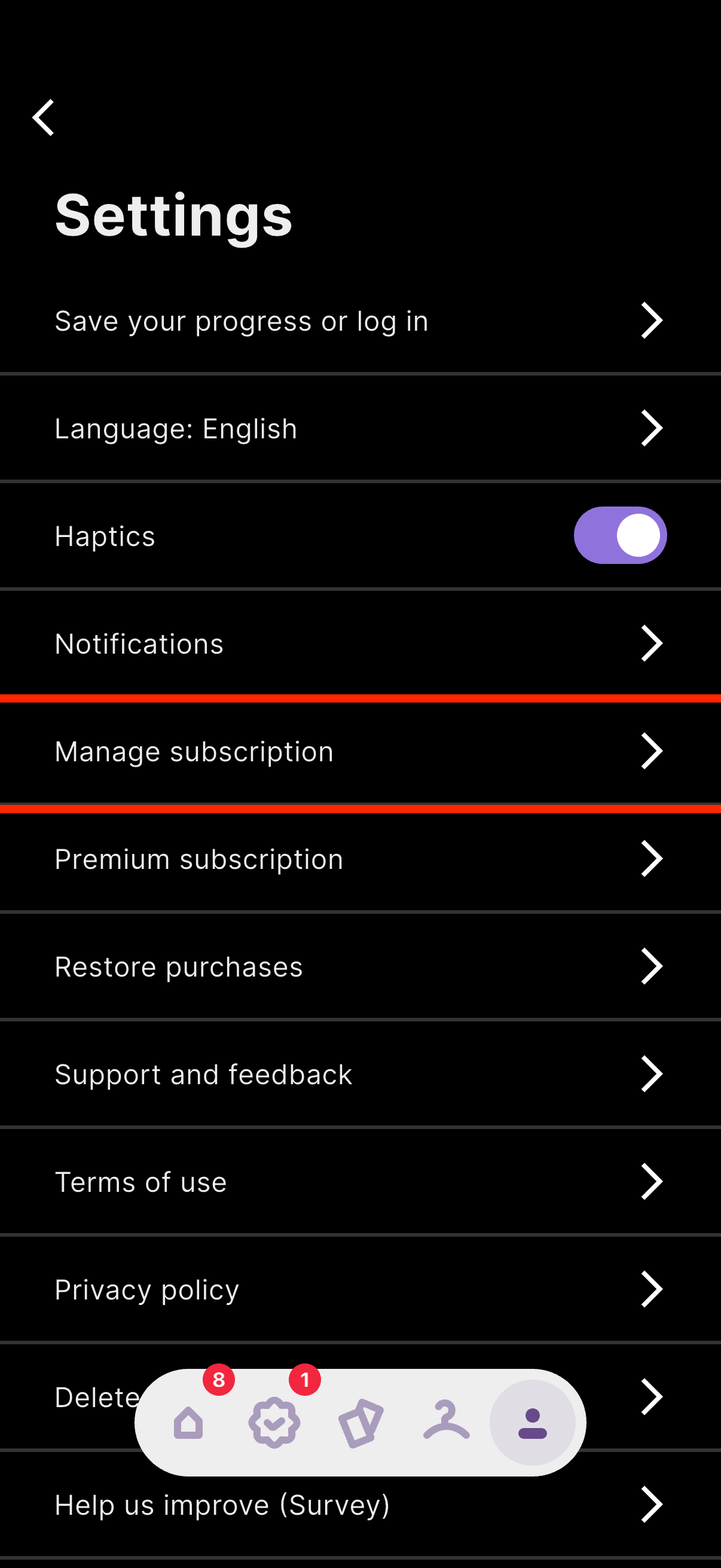 FABU app settings screen with the Manage subscription option highlighted